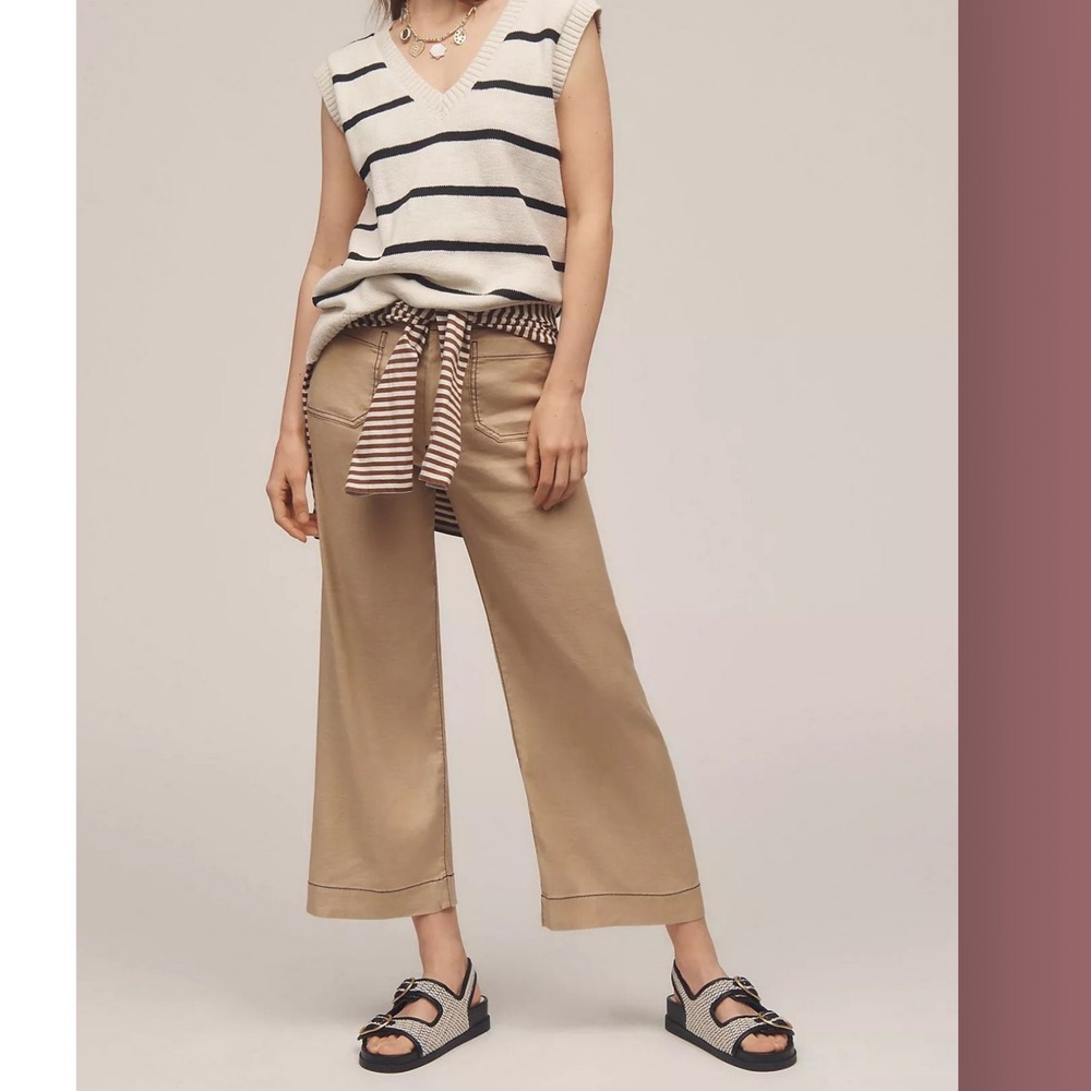 Anthropologie Maeve Colette Contrast-Stitch Linen Crop Wide-Leg Pants Tan 28